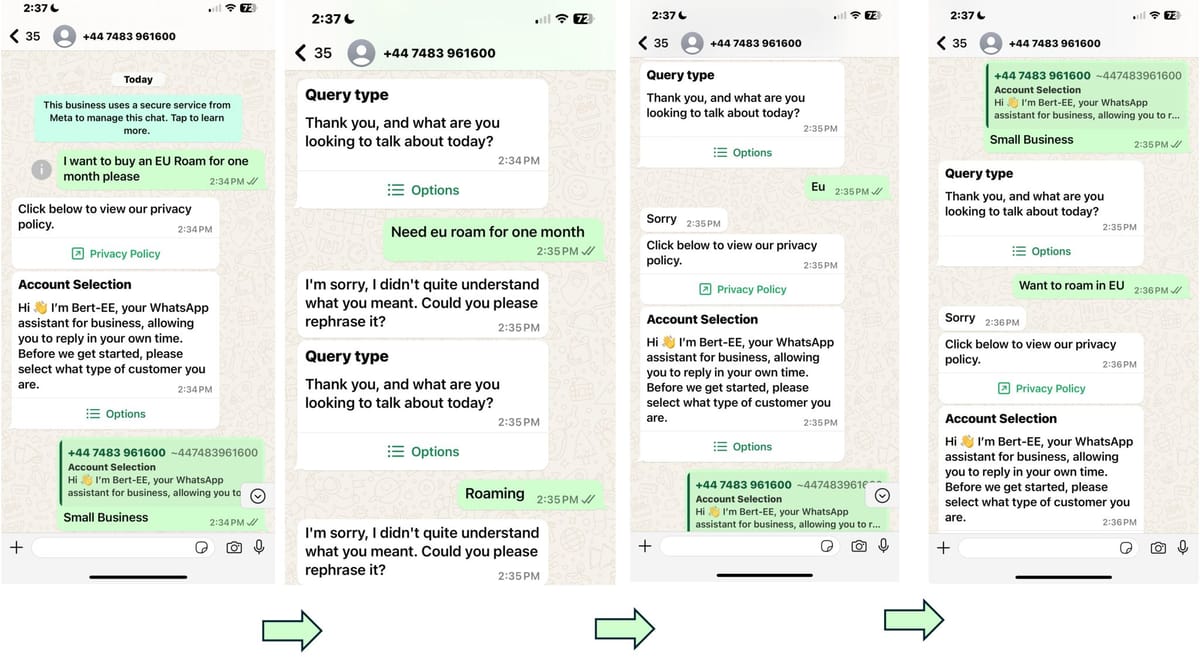 EE's chatbot struggled to understand "EU roaming" request