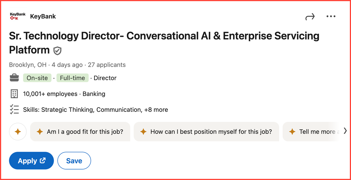 Interesting job alert: KeyBank is hiring a Sr. Technology Director - Conversational AI Platform