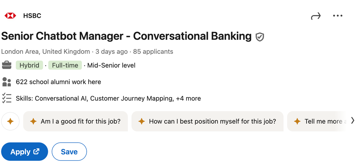 HSBC is hiring a Senior Chatbot Manager in Conversational Banking