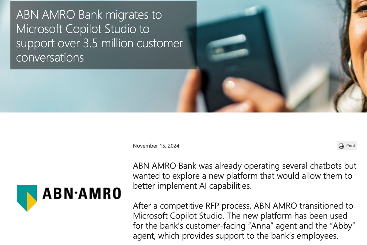 ABN AMRO skips past traditional Conversational AI vendors and adopts Microsoft Copilot Studio