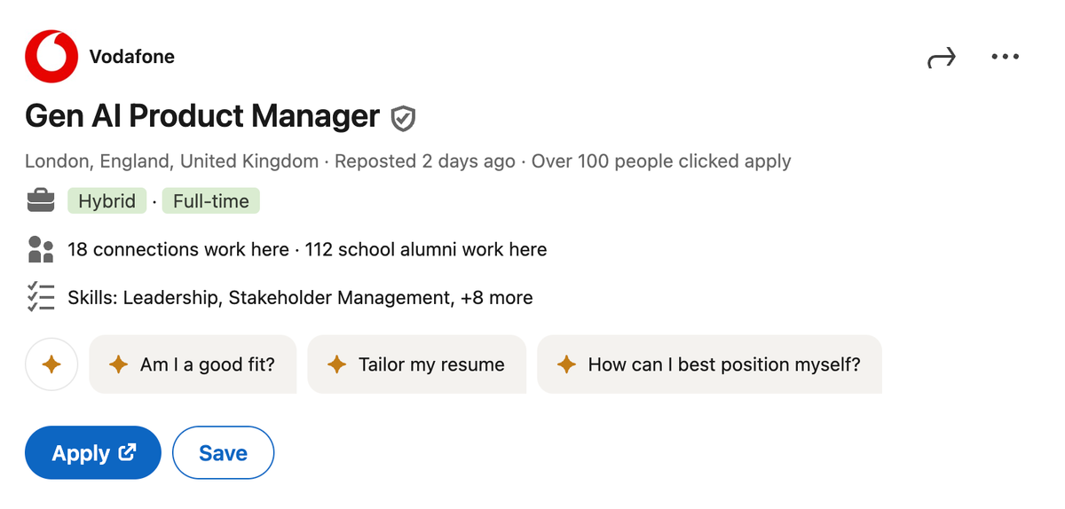 Interesting job alert: Gen AI Product Manager at Vodafone (inc Chatbots)