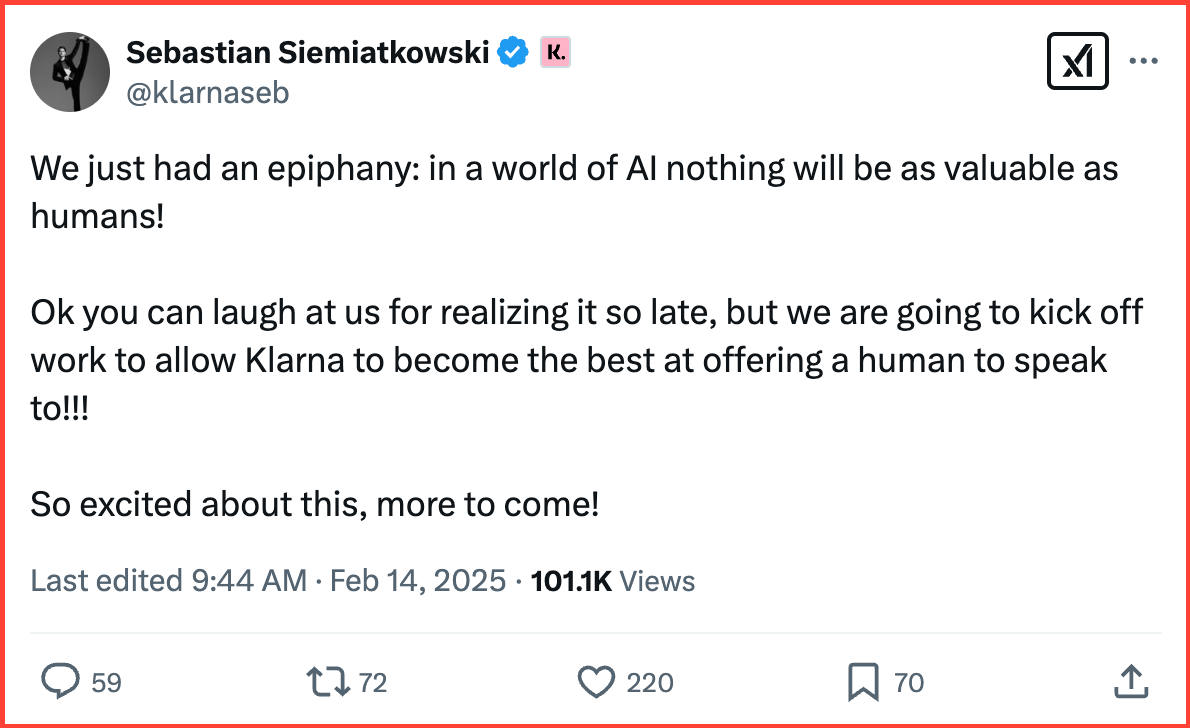 Klarna's CEO just had an epiphany about AI and human support