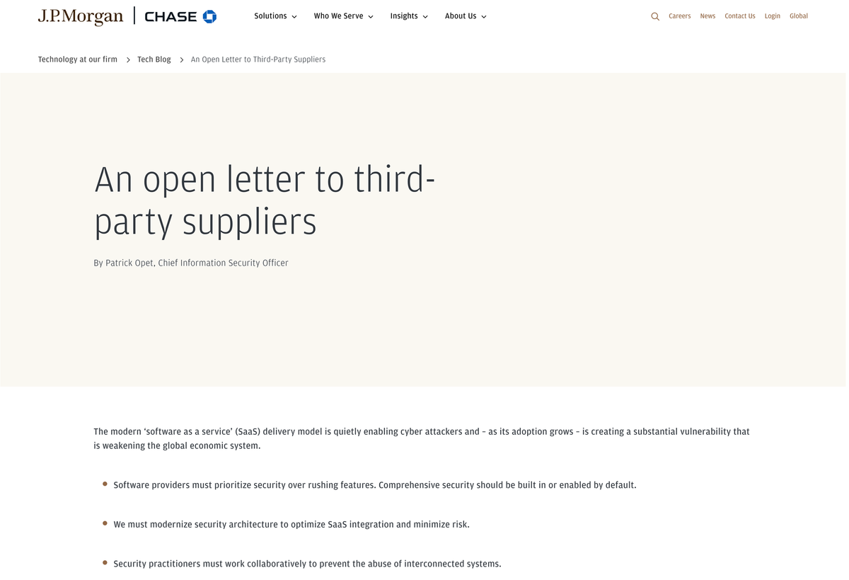 A Welcome Warning on SaaS and Security: Reflections on JP Morgan’s Open Letter