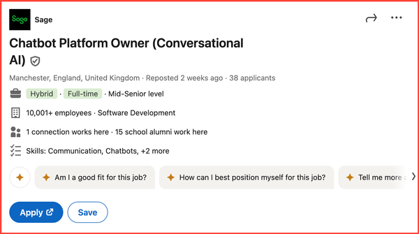 Interesting job alert: Chatbot Platform Owner, Sage