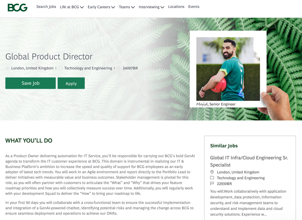 BCG is hiring a Global Product Director to launch their own internal GenAI chatbot