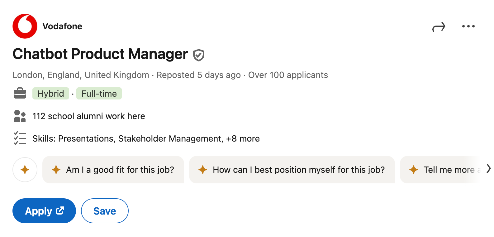 Interesting job alert: Vodafone UK is hiring a Chatbot Product Manager