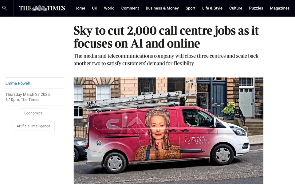 Sky cuts 2,000 call centre jobs to "focus on AI and online"