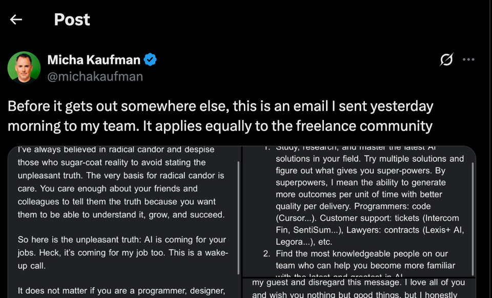 Fiverr's CEO Micha Kaufman's "AI Letter" to employees